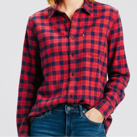 Levi's Tops - Levi’s Slim Fit Plaid Button-Down Shirt Red Navy Cotton L Unisex Fall Cabincore